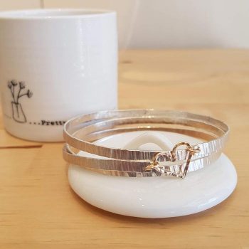 Silver Triple Spiral Bangle with Gold Heart