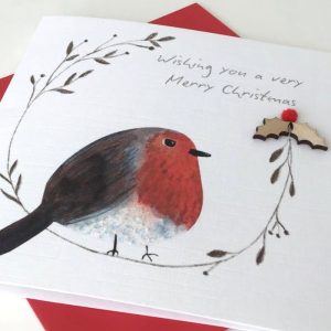 CHRISTMAS CARD WITH ROBIN AND WOODEN HOLLY DETAIL