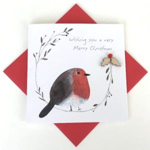 CHRISTMAS CARD WITH ROBIN AND WOODEN HOLLY