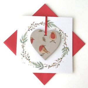 CHRISTMAS CARD WITH WOODEN HEART DECORATION