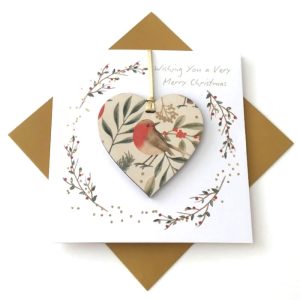 CHRISTMAS CARD WITH WOODEN HEART DECORATION