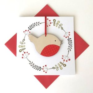 WOODEN ROBIN DECORATION CHRISTMAS CARD